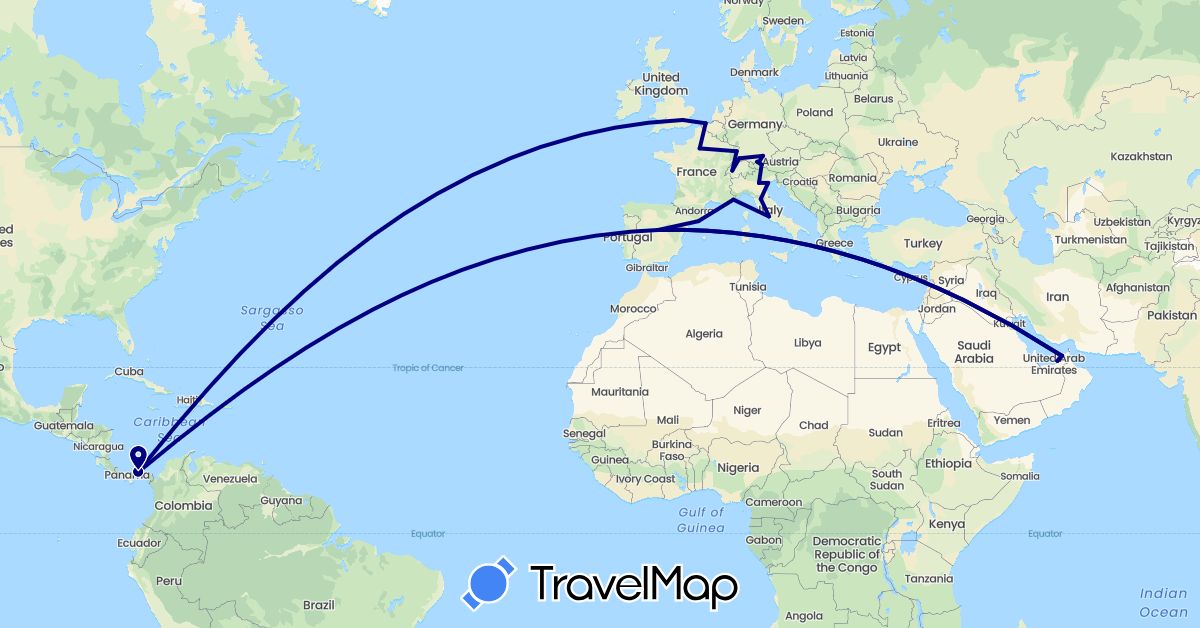TravelMap itinerary: driving in United Arab Emirates, Austria, Belgium, Switzerland, Germany, Spain, France, United Kingdom, Italy, Panama, Vatican City (Asia, Europe, North America)